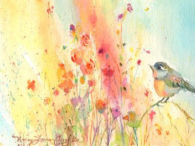 Little bird in wildflower garden